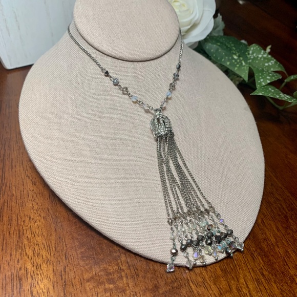 Vintage Iridescent Beaded Silver Crown Tassel Necklace. 18”-21” - Picture 6 of 7